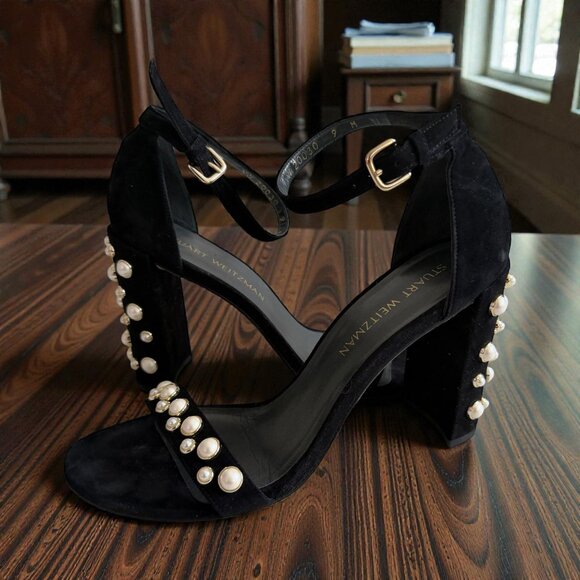 Stuart Weitzman Shoes - STUART WEITZMAN Black Suede Pearl Heels Sandals Size 9